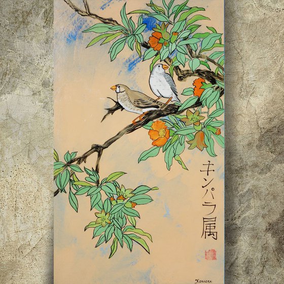 Amadina on the branch Japan Hieroglyph original artwork in japanese style J108 ready to hang painting acrylic on stretched canvas wall art