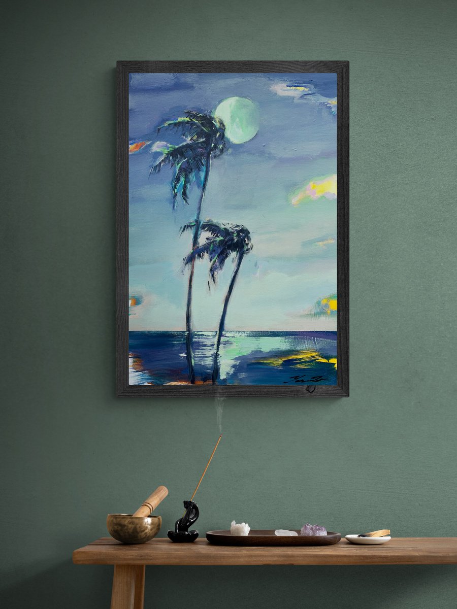 Delicate painting - Green moon - Pop Art - palms and sea - night seascape - 2022 by Yaroslav Yasenev