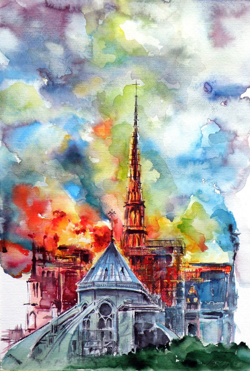 Impressionistic Watercolour , Burning Notre Dame Ii By Kovacs Anna Brigitta, 14 X 20, Artwork For Sale On Artfinder