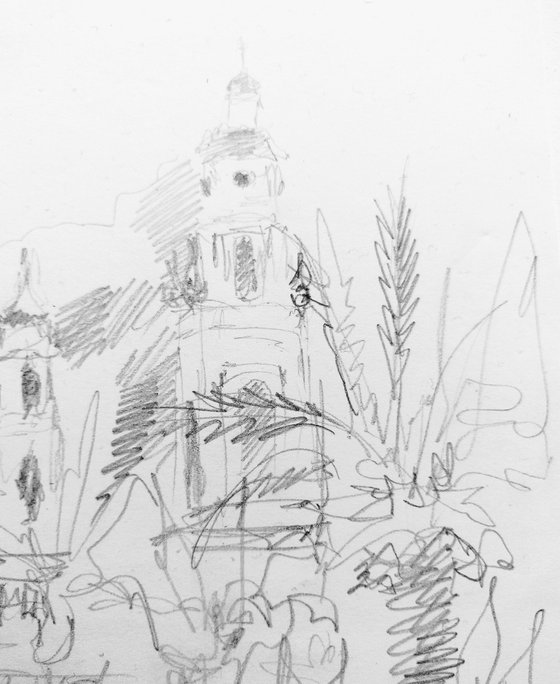 Côté d'azur - Menton. Sketch. Cityscape original pencil drawing