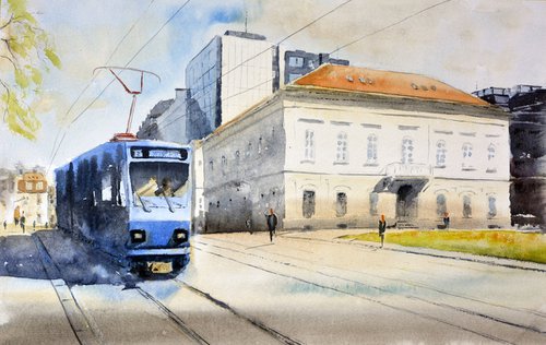 Blue Tram No.2 Beograd, 48x30cm 2020 by Nenad Kojić watercolorist