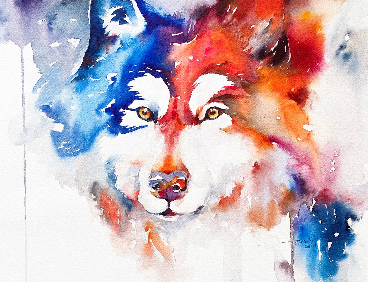Impressionistic Animal Watercolour By Arti Chauhan, 16 X 12, Wolf Ryker, Original Artwork