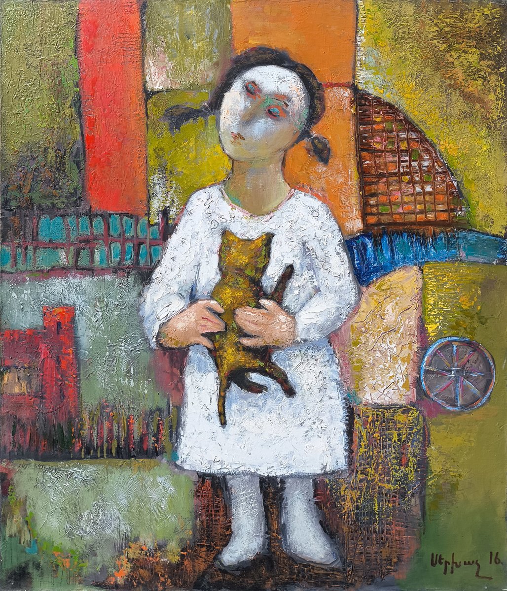 Impressionistic Portrait Oil Painting By Sergey Xachatryan, 24 X 28", The Girl And Her Cat, Original Artwork