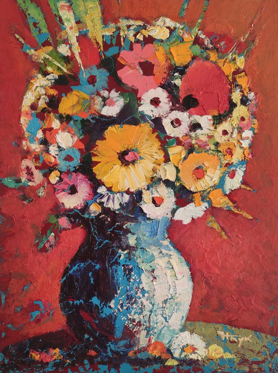 Field flowers with red background (30x40cm, oil painting,  ready to hang)