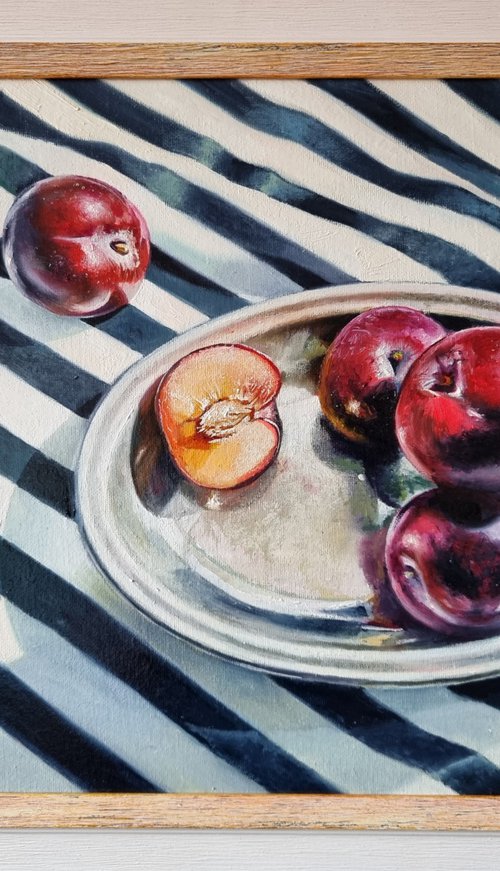 "Plums dream of the sea. "  still life liGHt original painting PALETTE KNIFE  GIFT (2021) by Anna Bessonova (Kotelnik)