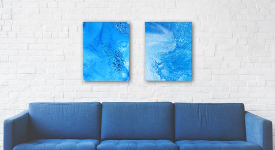 "My Blue Heaven" - FREE USA SHIPPING - Original PMS Abstract Diptych Fluid Acrylic Paintings On Canvas - 32" x 20"