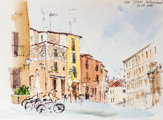 Salamanca. Street sketch 1. URBAN WATERCOLOR LANDSCAPE STUDE ARTWORK SMALL CITY LANDSCAPE SPAIN GIFT IDEA INTERIOR