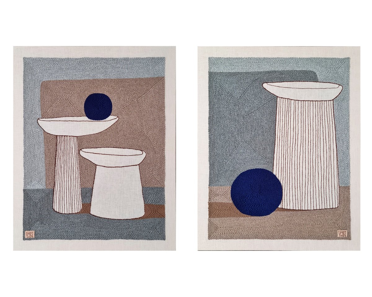 Large Diptych Textile Art. Vase Composition VI’23 and VII’23. by Milena Paladino