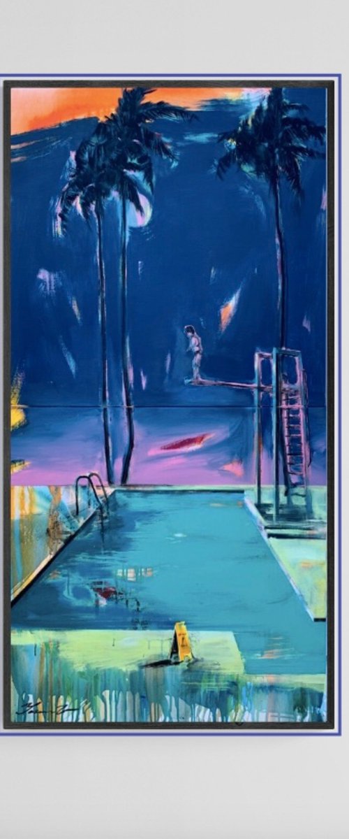 Big vertical painting - "Jump moment" - Pop Art - Palms - Swimming pool - Diptych by Yaroslav Yasenev