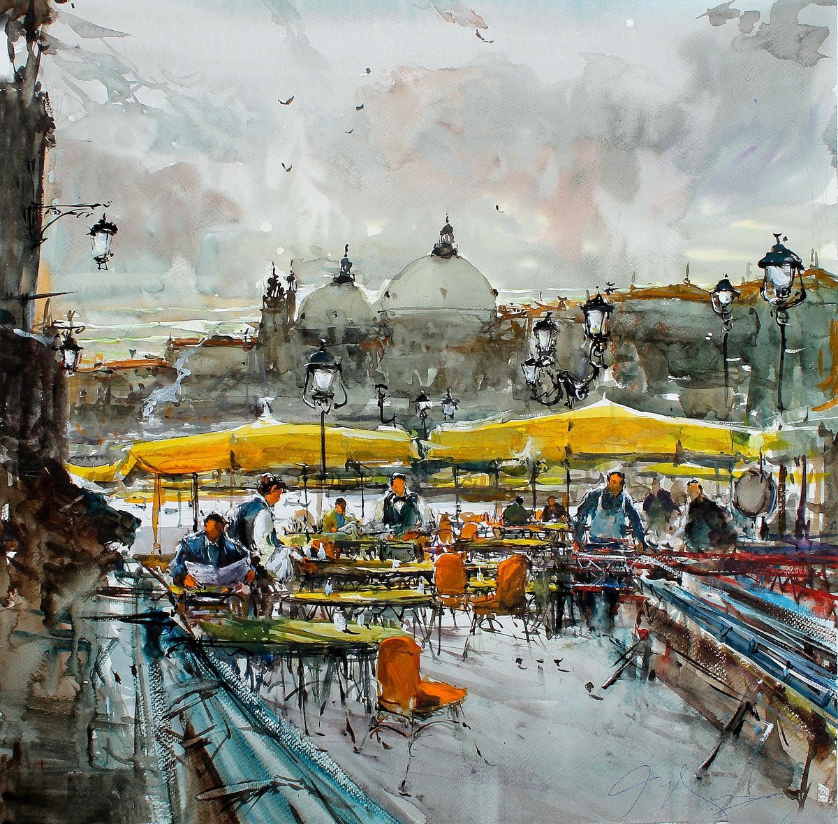 Impressionistic Cityscapes Watercolour By Maximo Damico, 22 X 23", Venice Restaurant, Original Artwork