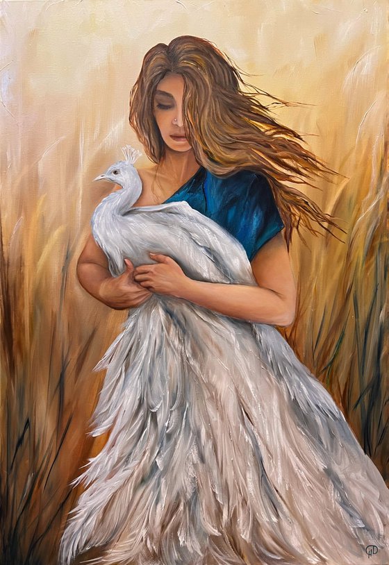 Dignity, oil painting, Picture of a girl, beautiful girl, girl in a dress, Portrait of a girl, painting with meaning, peacock, peacock picture, peacock girl, white peacock, symbol of dignity