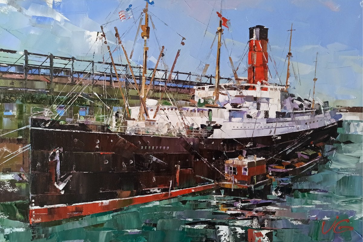 Original oil painting Ocean Liner RMS CARPATHIA, Pier 54 in New York on April 18, 1912 aft... by Volodymyr Glukhomanyuk