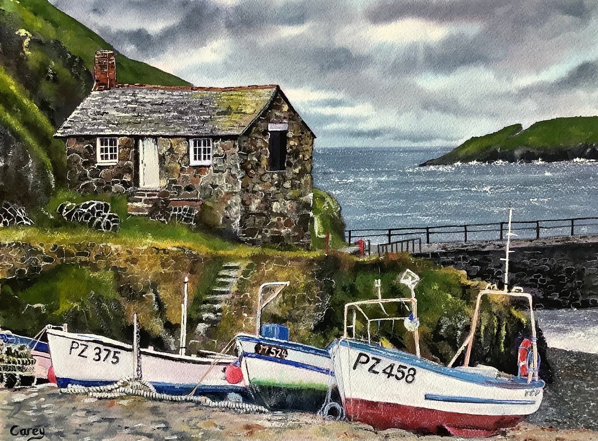 Photorealistic Landscape Watercolour By Darren Carey, 15 X 11, Cornwall Mullion Cove., Original Artwork