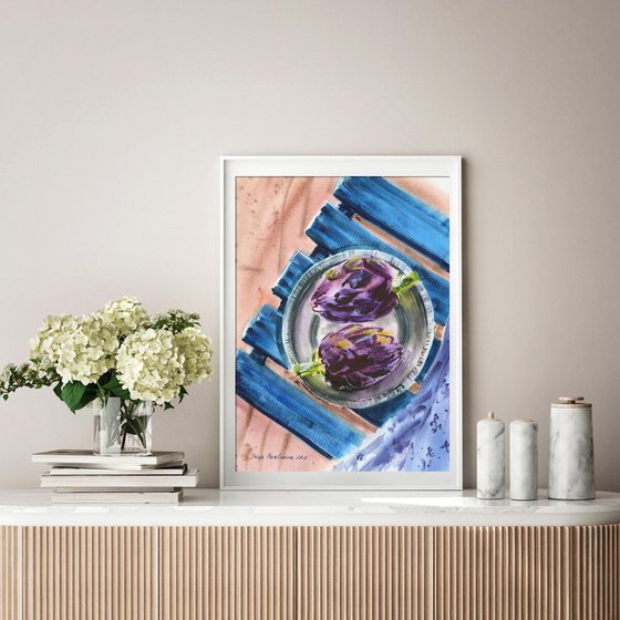 Artichokes on table original watercolor painting, Italian foof painting, purple flowers artwork, kitchen decor, gift for mother