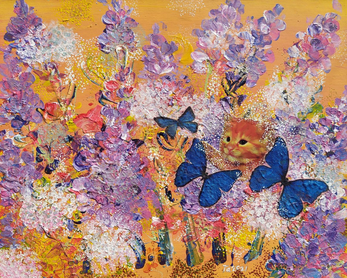 Ginger kitten and blue butterflies in summer meadow by Tetiana Chebrova