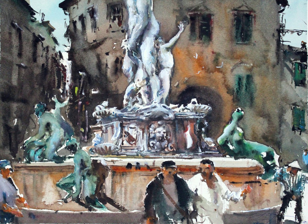Impressionistic Cityscapes Watercolour By Maximo Damico, 15 X 11", Nettuno Fountain, Original Artwork