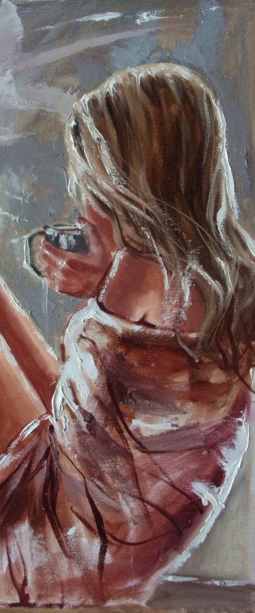 " DECEMBER ... " window liGHt  coffee ORIGINAL OIL PAINTING, GIFT, PALETTE KNIFE by Monika Luniak