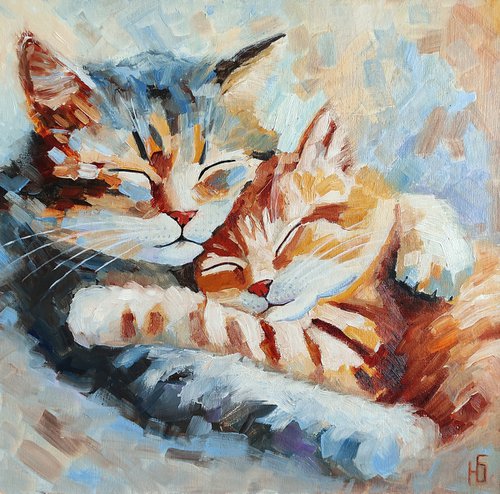 Sleeping Cats Couple Oil Painting by Yulia Berseneva
