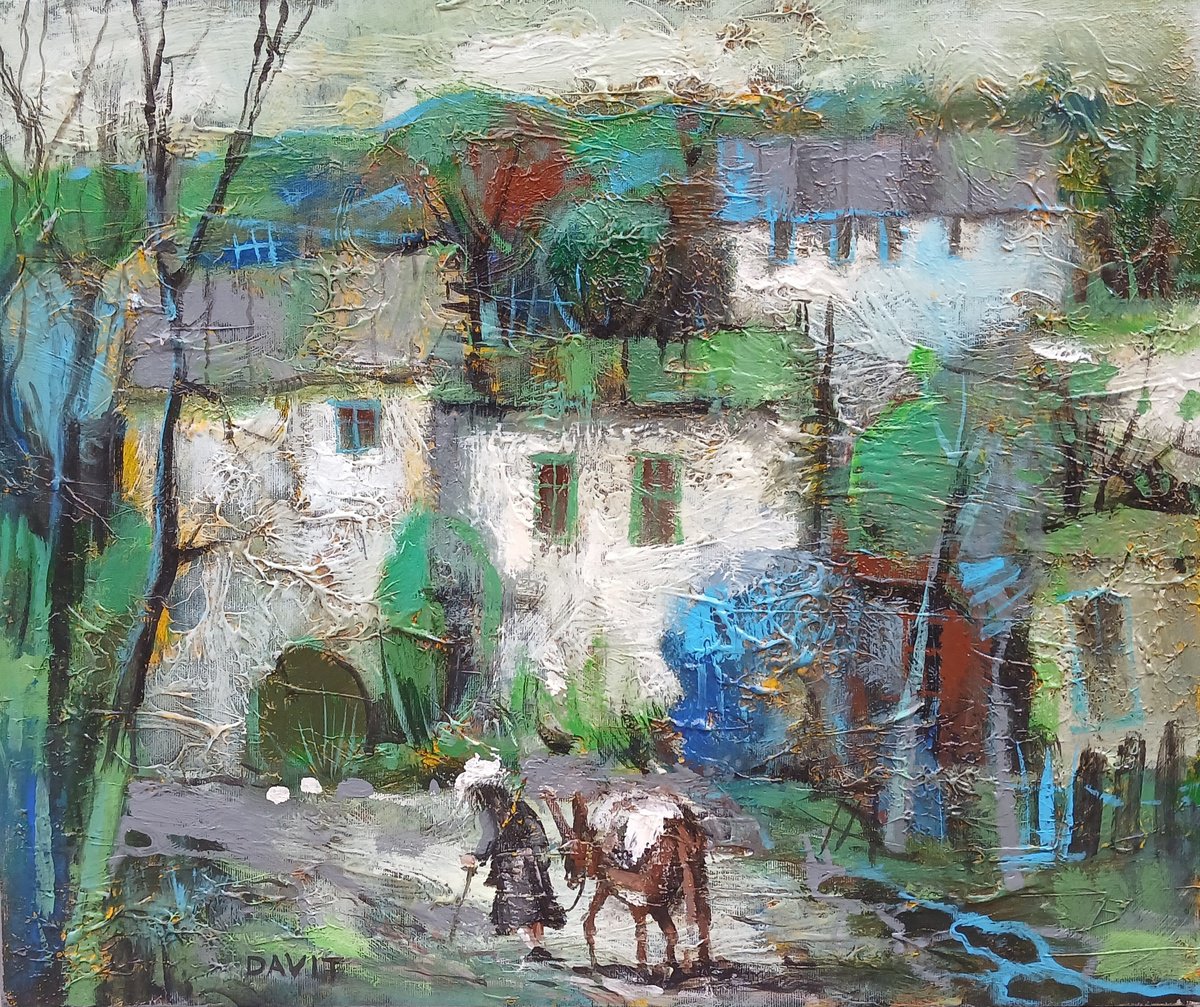 Impressionistic Landscape Acrylic Painting By Davit Arstamyan, 24 X 20, Nostalgia For Rural Life, Original Artwork
