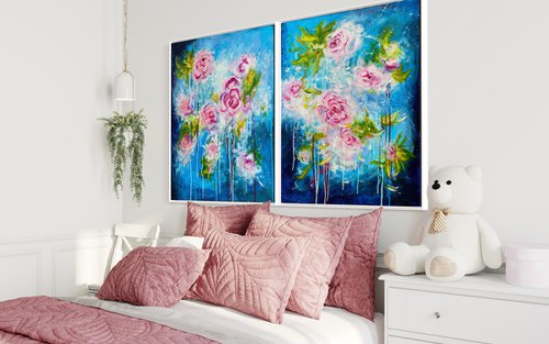 “Deep love” Acrylic Pink Roses Abstract Diptych Painting Beautiful Floral Artwork in Pink and Blue by Yulia Pristupa