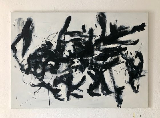 Woman flying with a black bird.Black and white abstract painting.