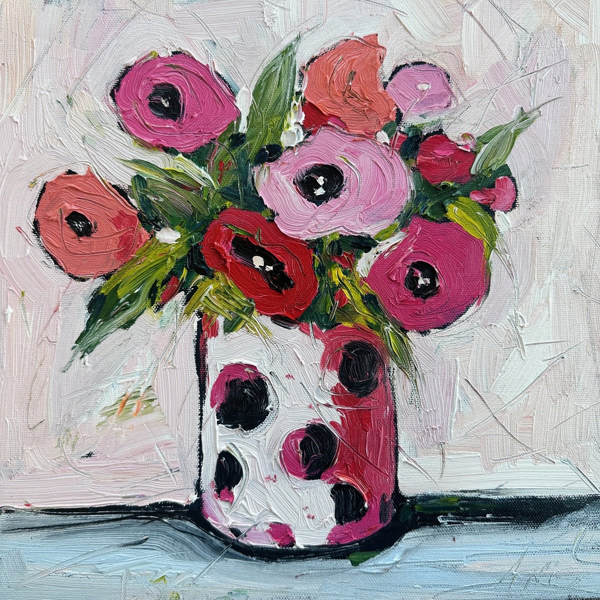 Impressionistic Botanical Oil Painting By Irina Anis, 12 X 12, Bouquet Of Pink Flowers, Original Artwork