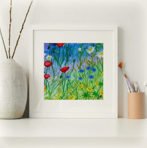 Wildflowers - mounted watercolour, small gift idea