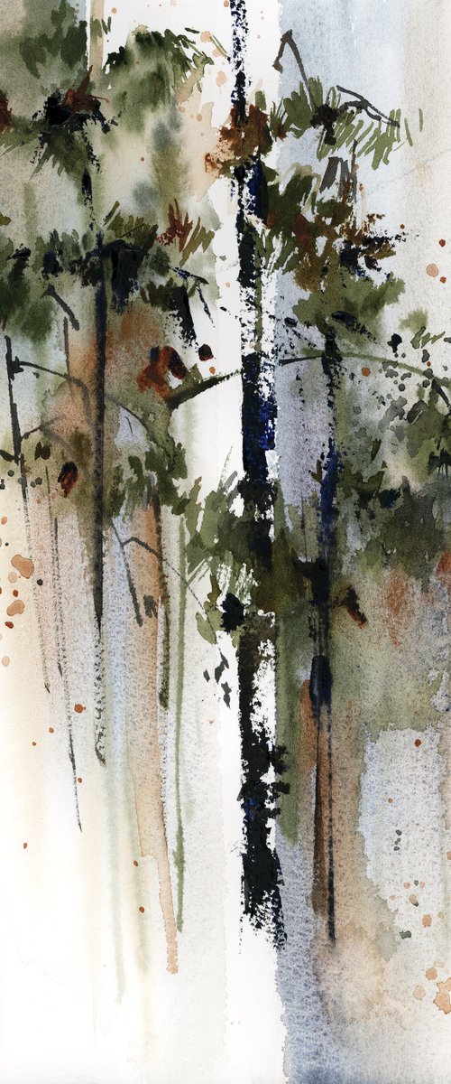 Pine Trees Landscape Watercolor Painting by Sophie Rodionov