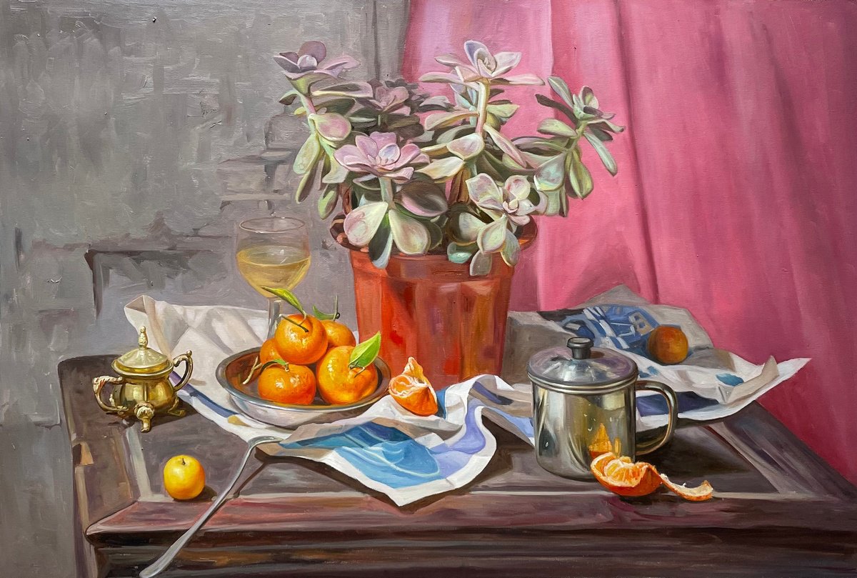 Photorealistic Still Life Oil Painting By Kunlong Wang, 35 X 24", Still Life C224, Original Artwork