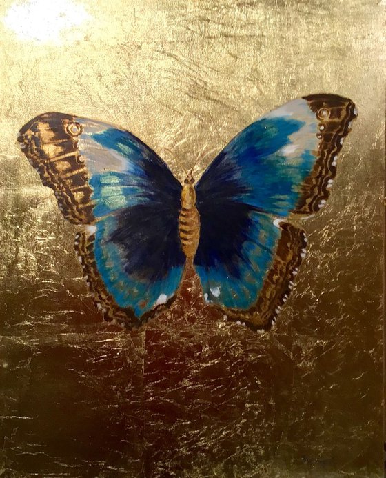 The Great Blue Butterfly Oil Painting on Lacquered Golden Leaf Canvas