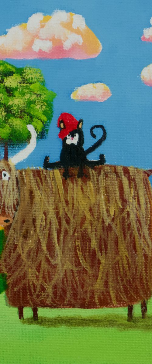 Cow and a cat folk art oil painting on panel by Gordon Bruce