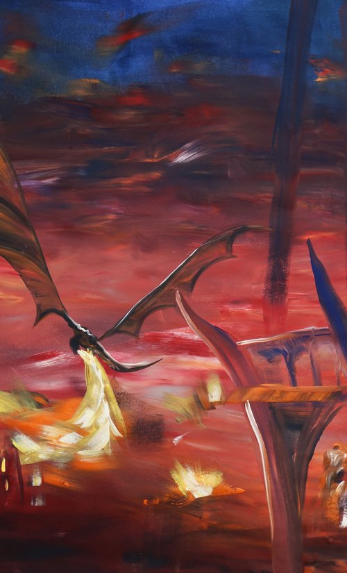 Dragon Smaug attacks Lake-town 110x160 cm S053 Large impressionism acrylic painting on unstretched canvas art by Ksavera