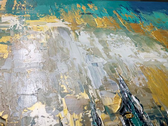 Abstract Painting - In The Moonlight - Original Cityscape Gold Aqua Blue Painting Modern Textured Palette Knife