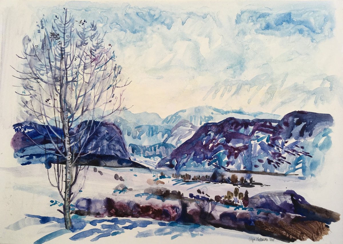 Impressionistic Landscape Watercolour By Olga Kataeva-Rochford, 17 X 12", Winter Tranquility In The Alps, Original Artwork
