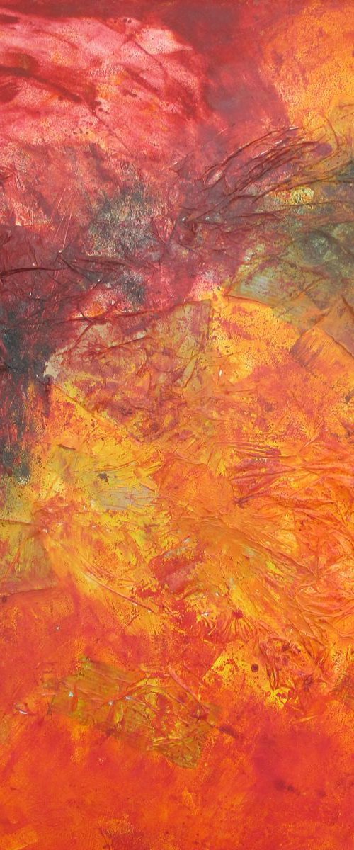 Vulcano on fire abstract red - informel collage painting xl 39x39 inch by Sonja Zeltner-Müller