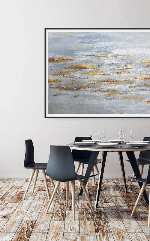 Large Abstract White Gray and Gold Painting ( by Yulia Pristupa