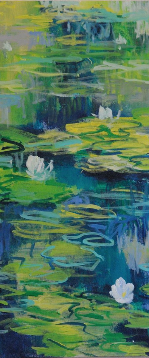 Summer pond 80x100 cm water lilies landscape big oil painting by Nataliia Nosyk