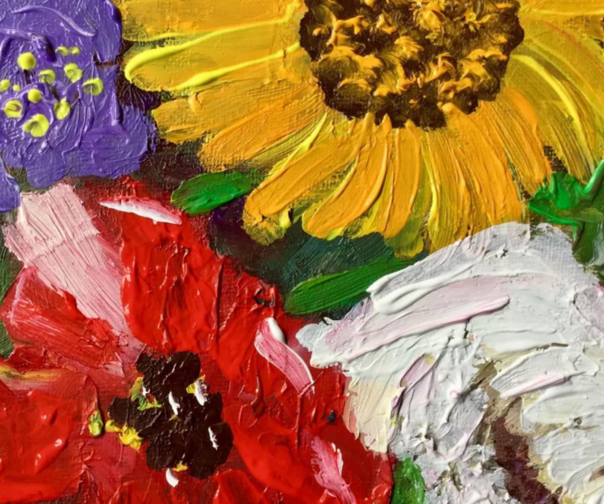 Impressionistic Botanical Oil Painting By Olga Koval, 16 X 20", Flowers In A Vase 2, Original Artwork