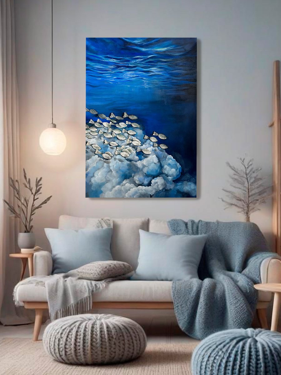Surrealistic Landscape Painting By Julia Shilo, 24 X 35", Surreal Ocean Painting With Vintage Lace Fish, Original Artwork