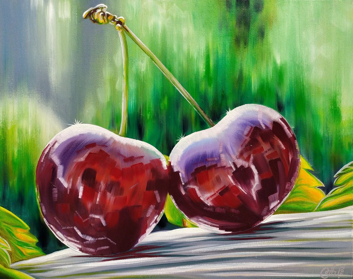 Impressionistic Abstract Oil Painting By Anna Shabalova, 20 X 16, Cherries, Original Artwork