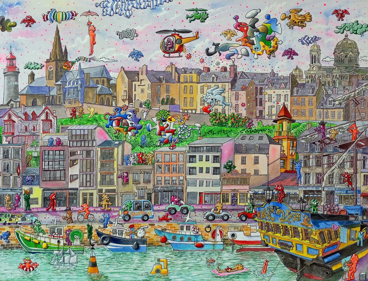 Cartoon Cityscapes Acrylic Painting By Peter Nagy, 31 X 24", Granville ( Port De Pi?che ), Original Artwork