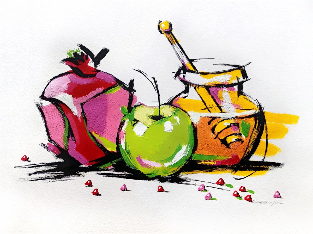 Impressionistic Still Life Acrylic Painting By Evgen Semenyuk, 16 X 12, Pomegranate, Apple And Honey, Original Artwork