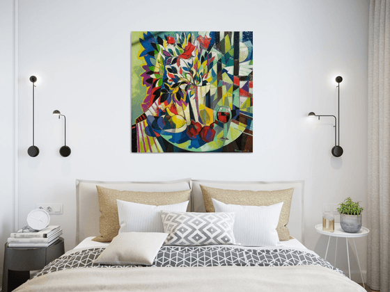 Still life with wine and pomegranates (80x80cm, cubism, oil painting, ready to hang)