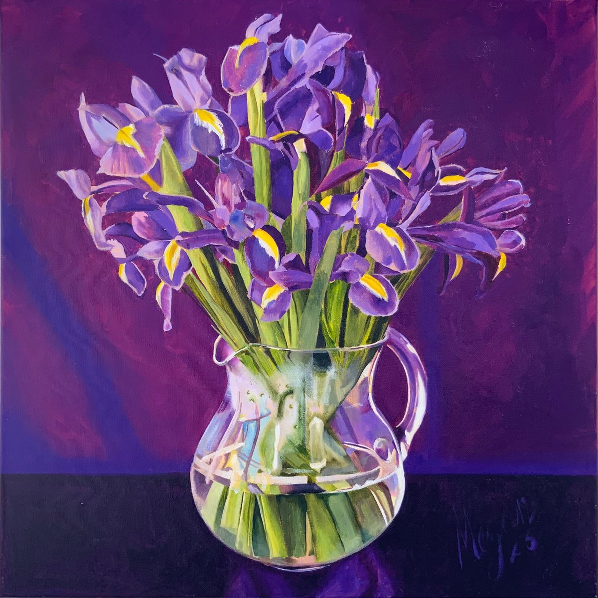 Irises against a purple background by Megan Cheetham