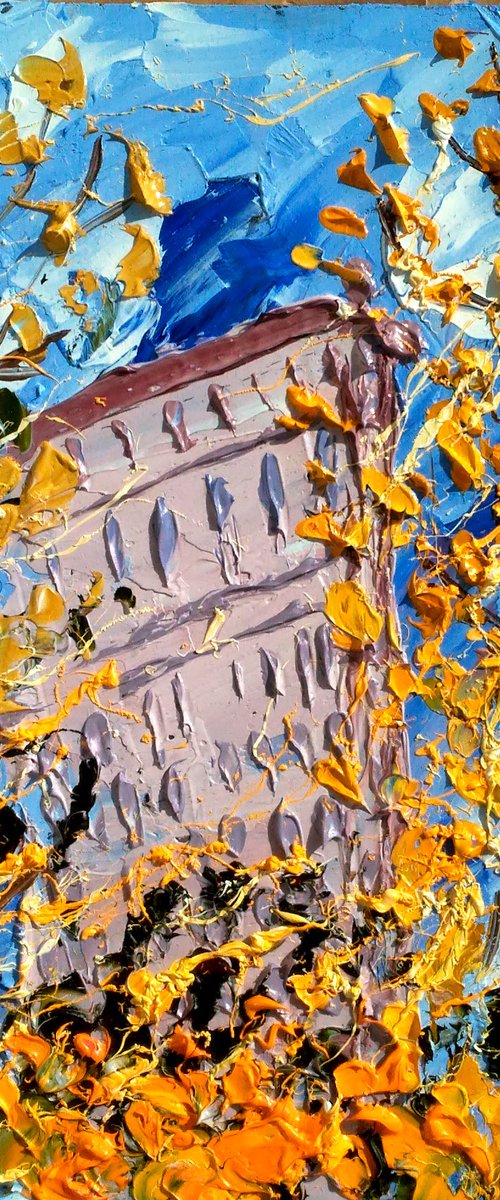 NYC Fall Painting Cityscape Original Art New York Small Oil Artwork Autumn Impasto Pallete Knife Wall Art 6 by 8" by Halyna Kirichenko by Halyna Kirichenko