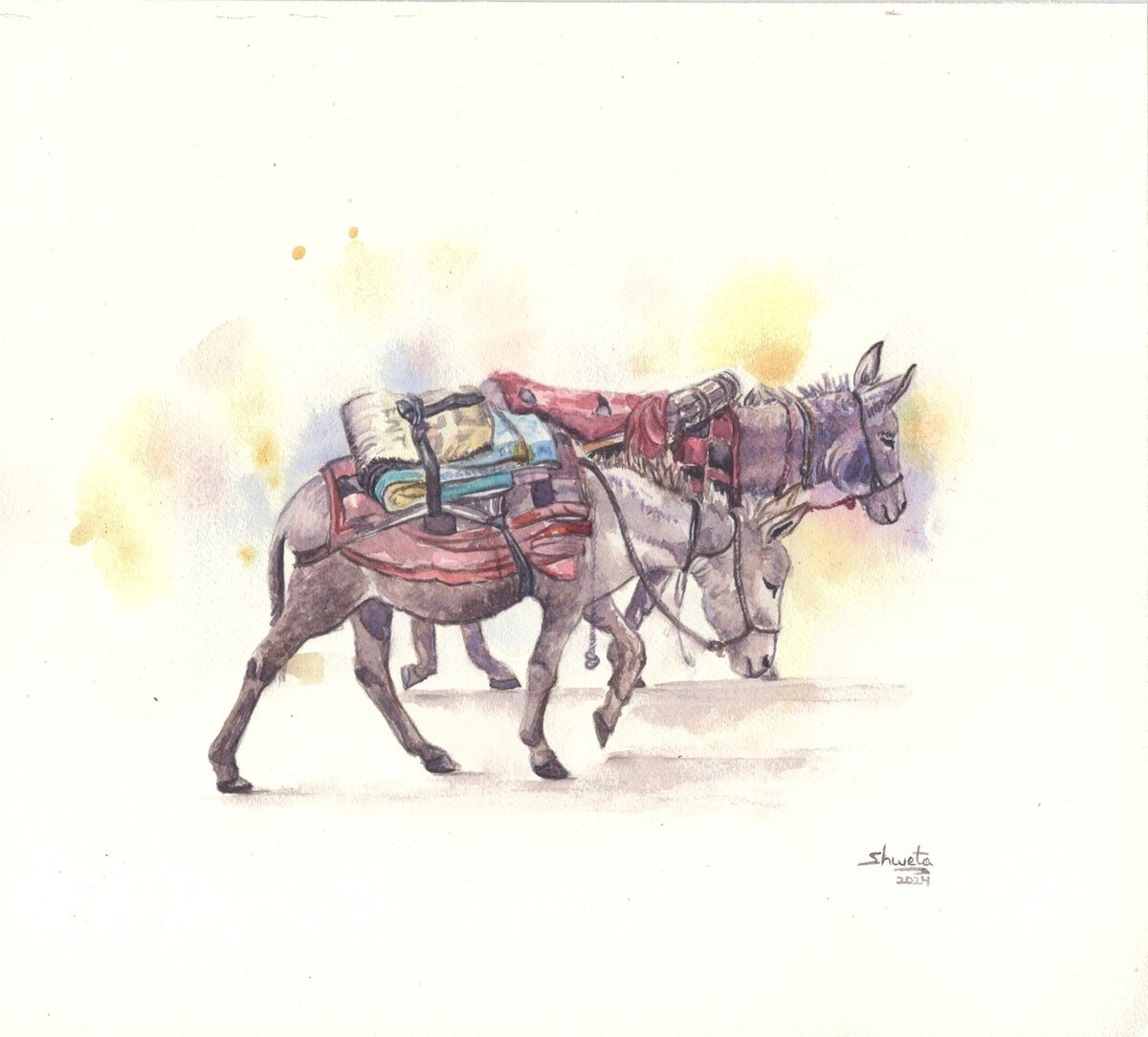 Photorealistic Animal Watercolour By Shweta Mahajan, 8 X 8", Two Donkeys On The Road, Original Artwork