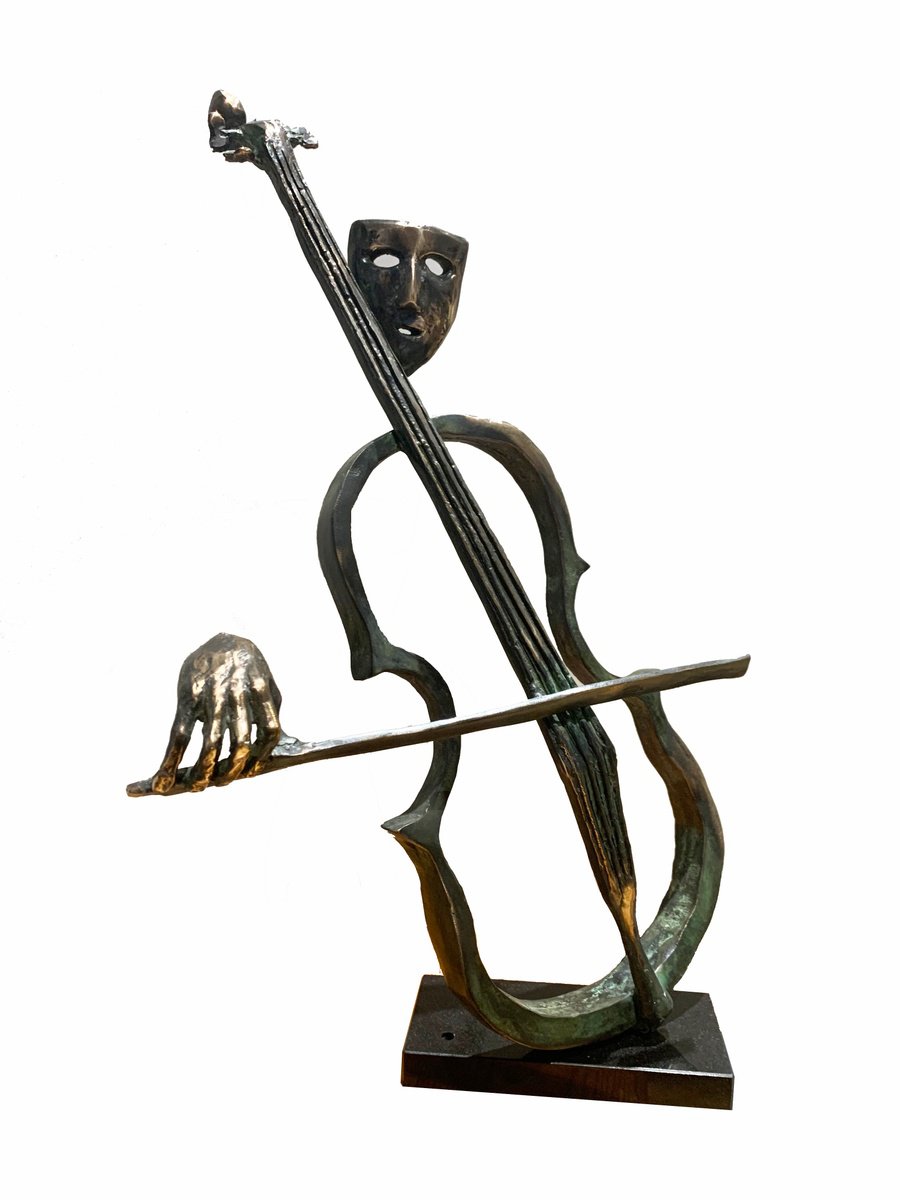 Surrealistic Portrait Bronze Sculpture By Toth Kristof, 12 X 20", Cellist, Original Artwork
