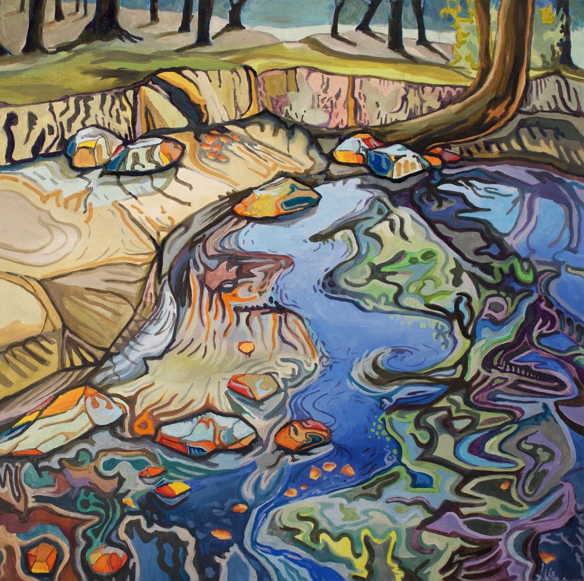 Expressive Landscape Oil Painting By Guy Pickford, 24 X 24, Hidden Pool, Original Artwork