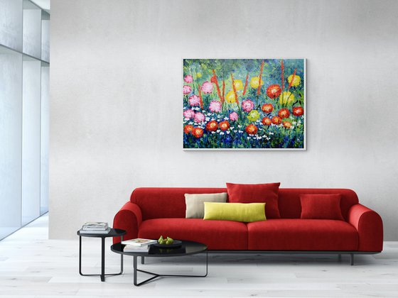 Red pink white white flowers painting original