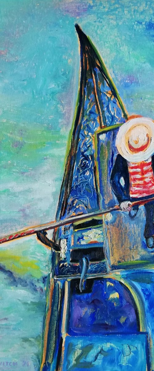 A Gondolier in Venice Original Oil Painting on Canvas Board 25x35cm/10x14 in by Katia Ricci
